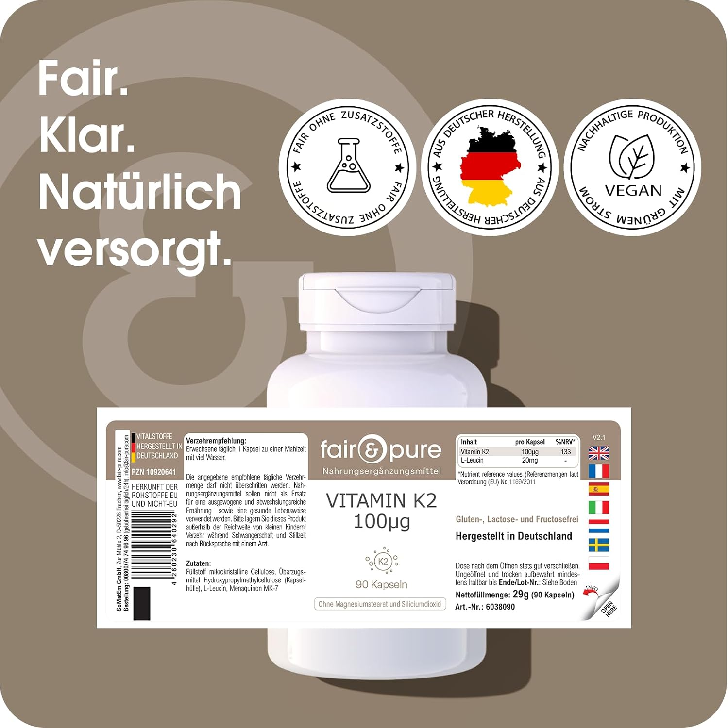 Detalle de Fair & Pure Vitamin K2 100 µg – vegane MK-7 Nahrungsergänzung, 90 Kapseln, hergestellt in Deutschland