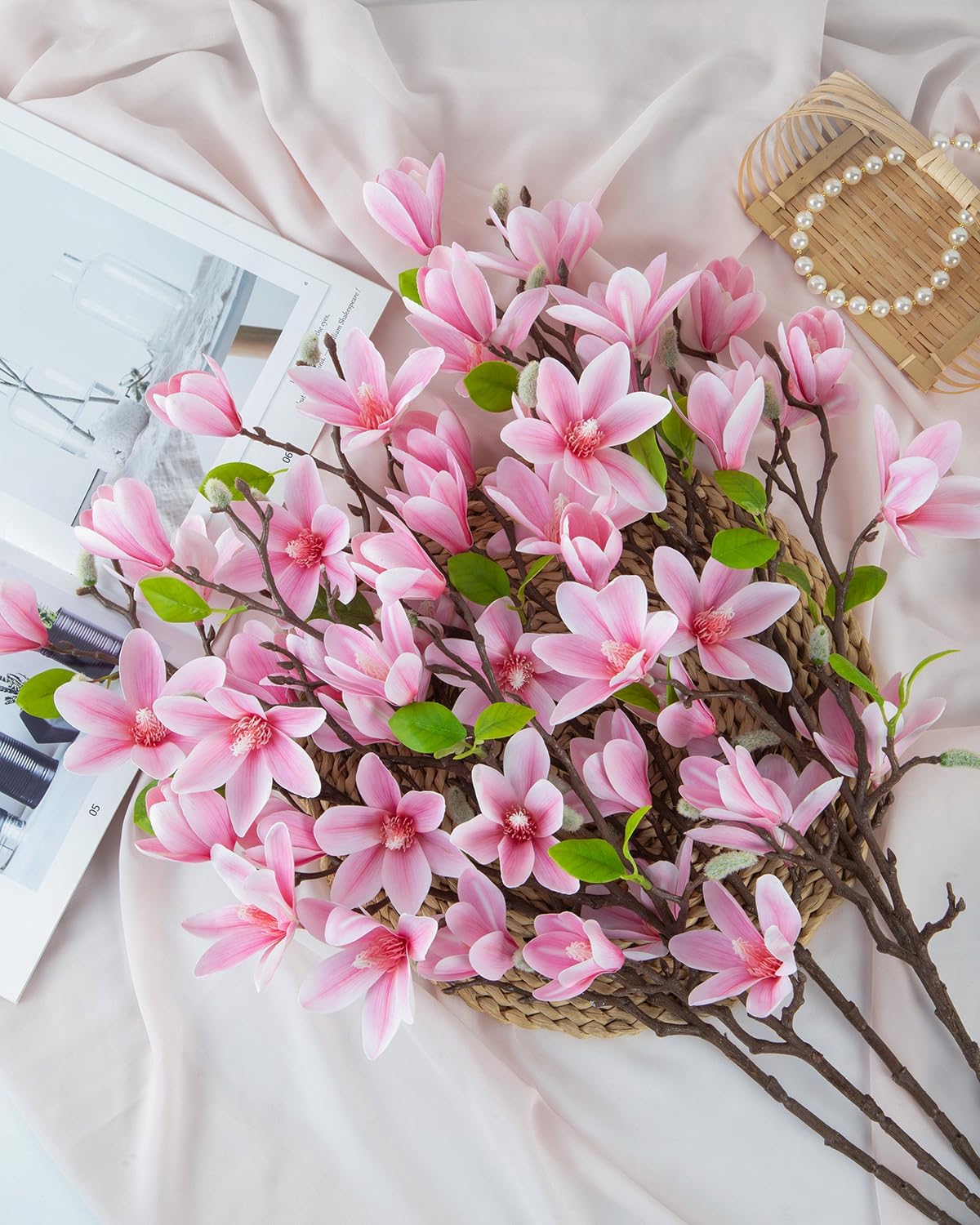 Thumbnail 3 de LEUCHTAMOR 3PCS Artificial Magnolia Flowers – Pink Real-Touch Silk Bouquets for Elegant Home Decor