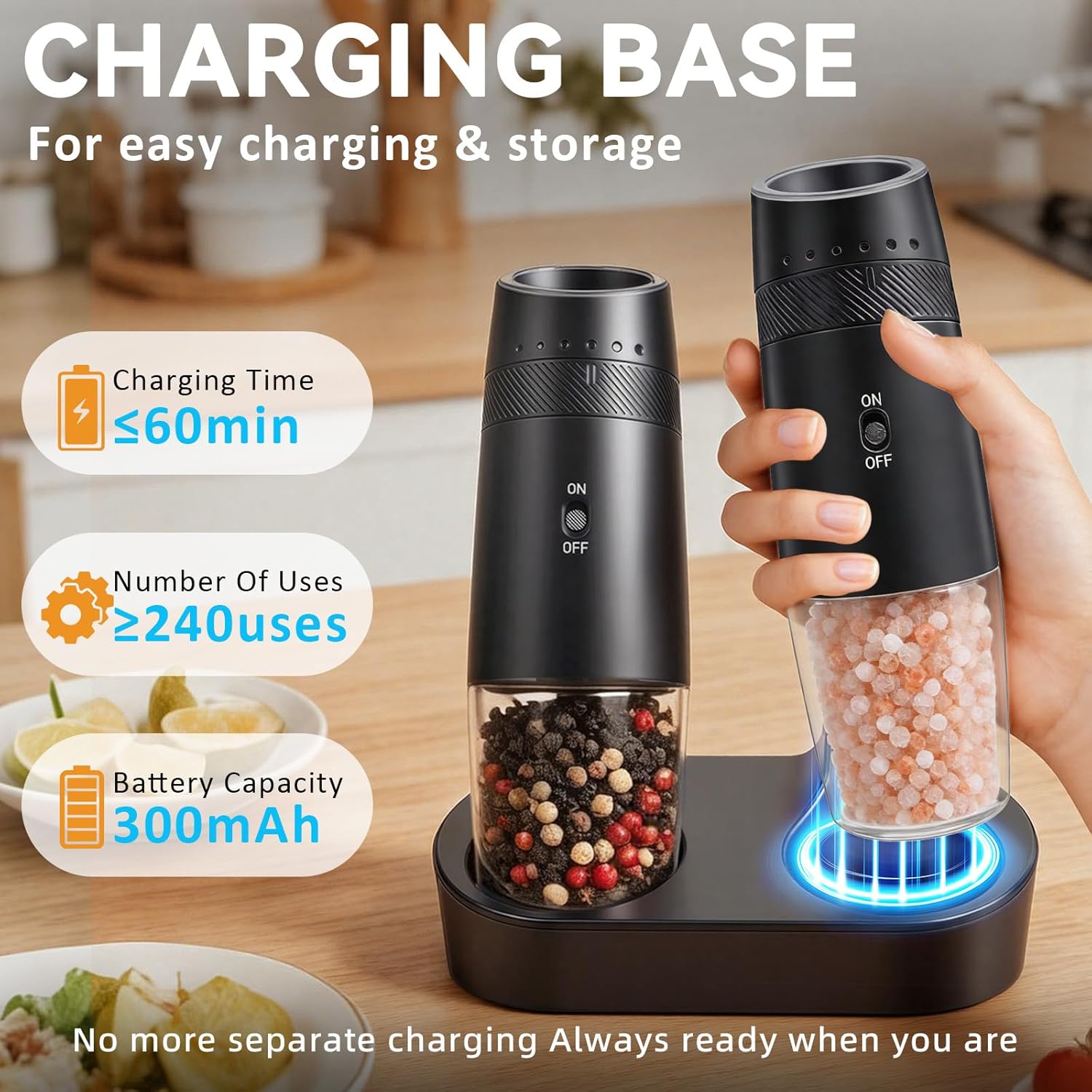 Detalle 2 de Gravity Electric Salt and Pepper Grinder Set with USB-C Rechargeable Battery – 2 Pack