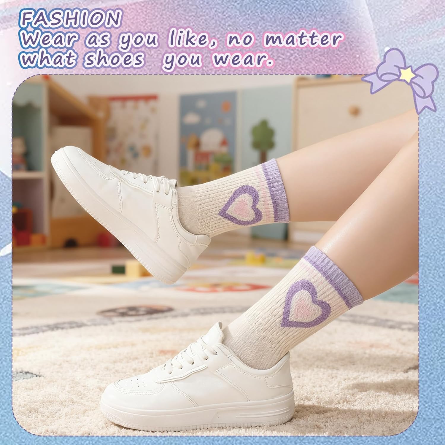 Detalle de Partideal 5 Pairs Kids Cotton Crew Socks – Breathable, Striped Hearts Design for 9–12 Year Olds