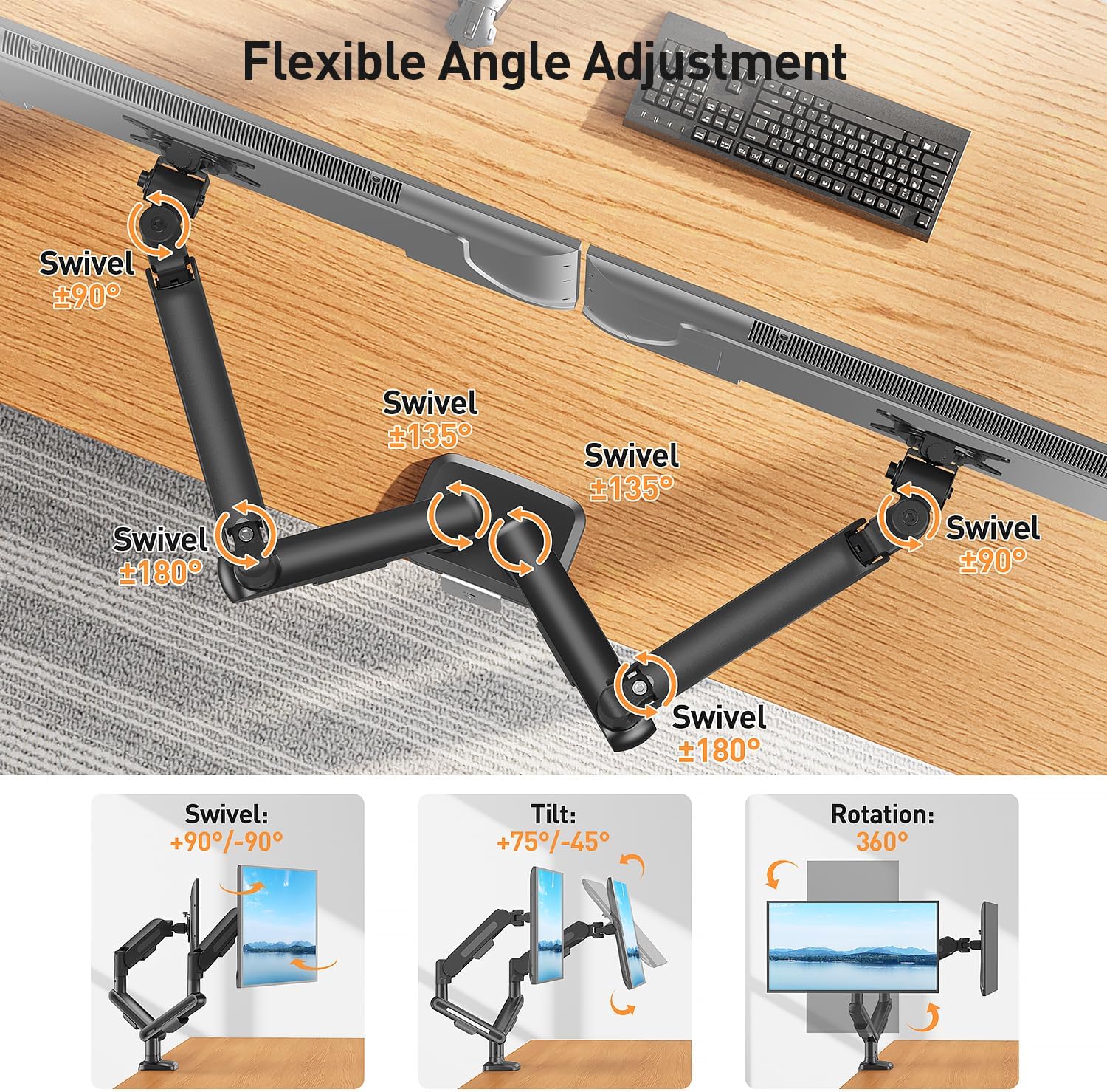 Thumbnail 2 de ELIVED Supporto per monitor doppio per schermi 17–34" fino a 12 kg, VESA 75/100, altezza regolabile e girevole (grigio)