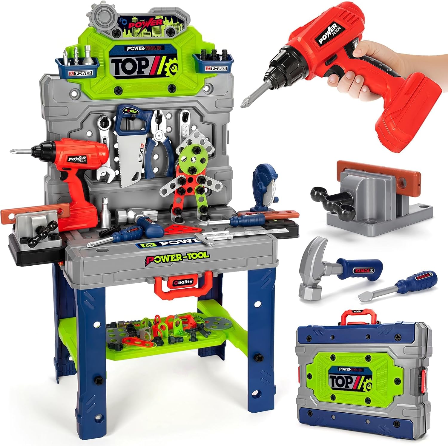 Kids Tool Bench Set with Electric Drill and Realistic Tools (132pcs) — 2-in-1 Workbench & Toolbox for Ages 3–5