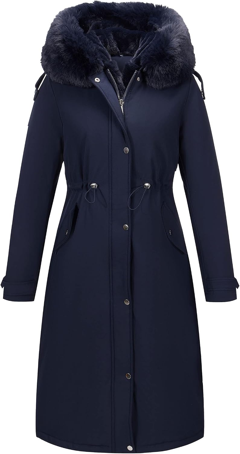 Detalle de RISISSIDA R7614 Women's Long Puffer Parka with Faux-Fur Trim and Drawstring Waist