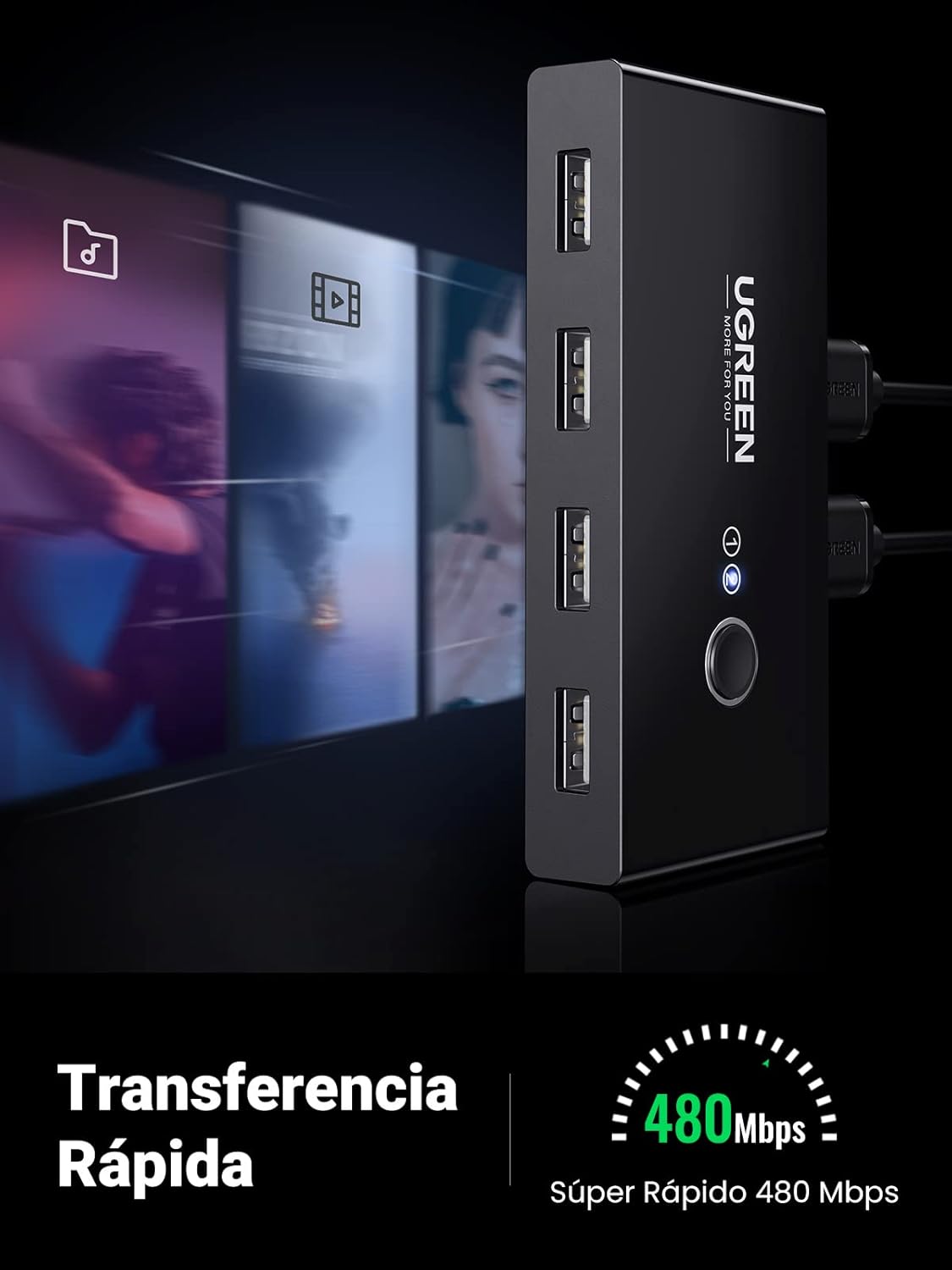 Detalle de UGREEN Switch USB 2.0, Conmutador para 4 Dispositivos ⚙