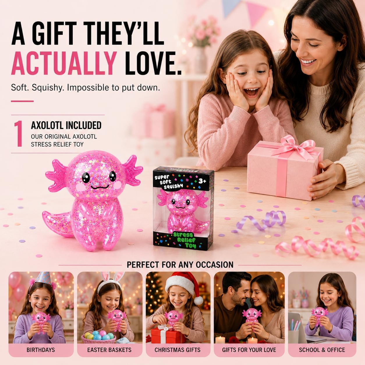 Thumbnail 6 de Axolotl Squishy Stress Relief Toy — Glittery Fidget Squishies for Kids and Adults
