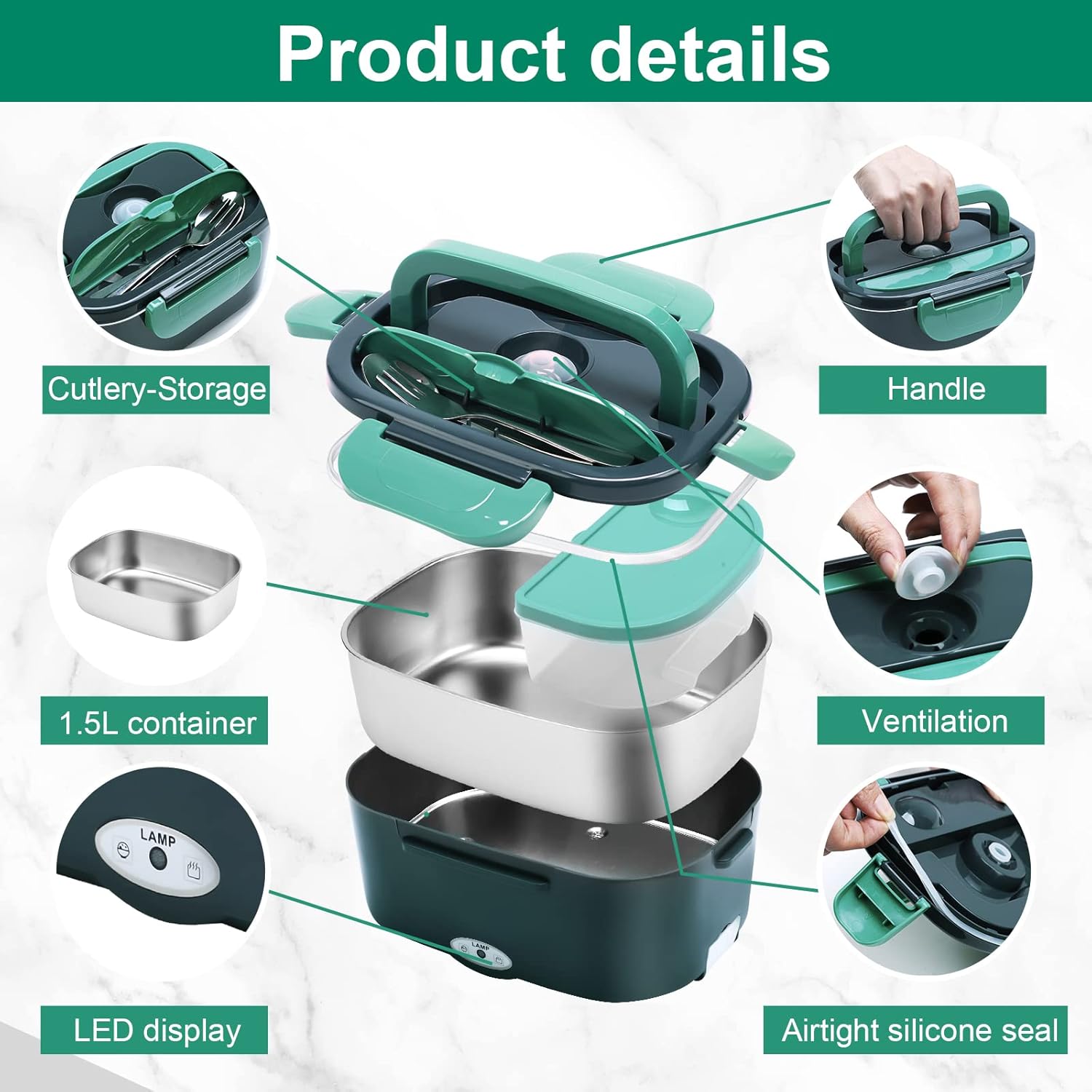 Detalle 2 de Gentre Lunch Box Elettrico portatile 4 in 1 con scaldavivande 1,5 L (12V/24V/220-240V) in acciaio inox