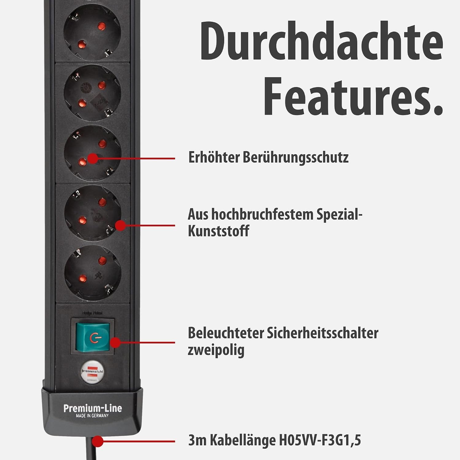 Detalle de Brennenstuhl Premium-Line 10-Fach Steckdosenleiste, 3 m – robust, fahrbar und sicher