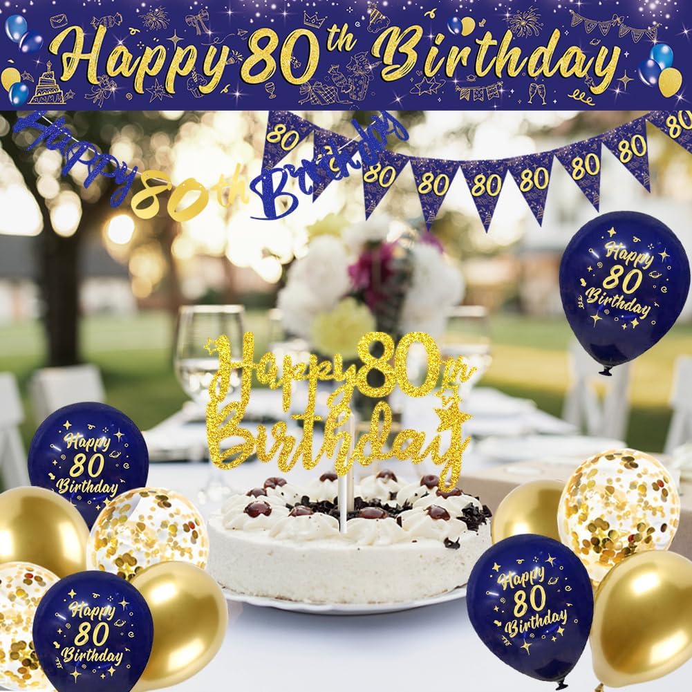 Detalle de Navy Blue & Gold 80th Birthday Party Decorations — Banner, Bunting & Balloons
