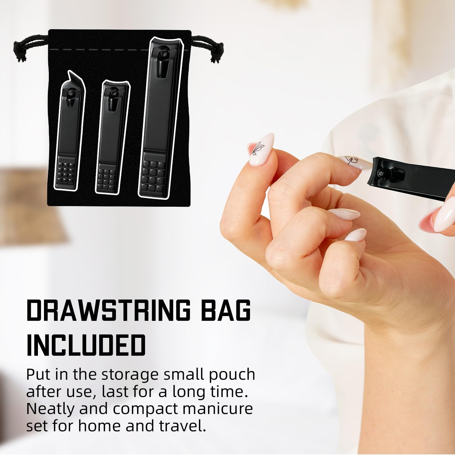 Detalle 2 de AW union Lot de 3 coupe-ongles Nail Clippers Set, 3-Piece Black Stainless Carbon Steel