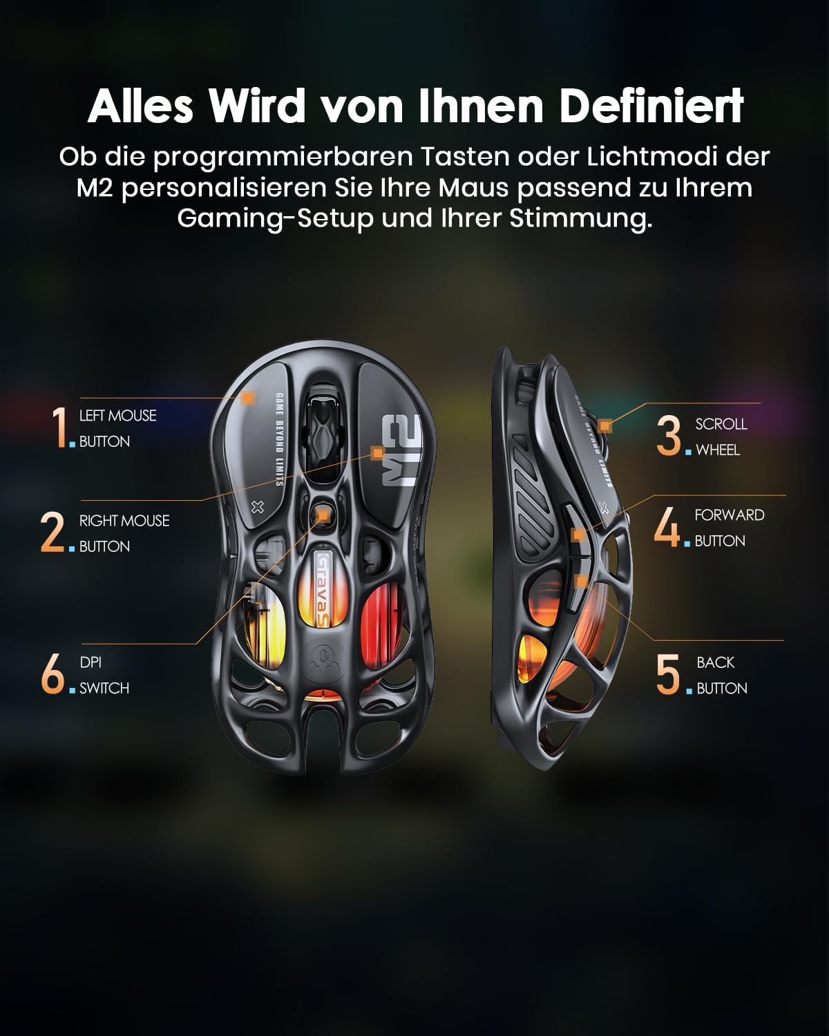 Detalle 2 de GravaStar Mercury M2 Gaming-Maus (kabellos) mit PAW3395 bis 26.000 DPI, Tri-Mode & 79 g – Schwarz
