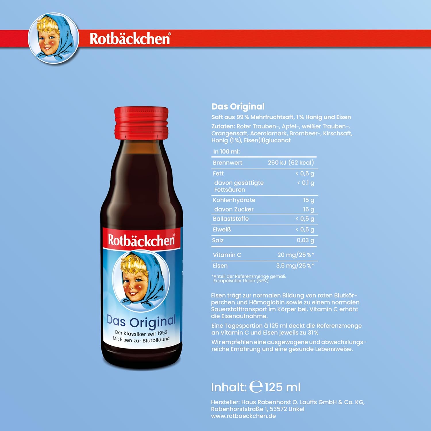 Detalle 2 de ROTBÄCKCHEN Das Original MINI 24er Pack – 24 × 125 ml Saft mit 99 % Mehrfruchtsaft, Honig und Eisen