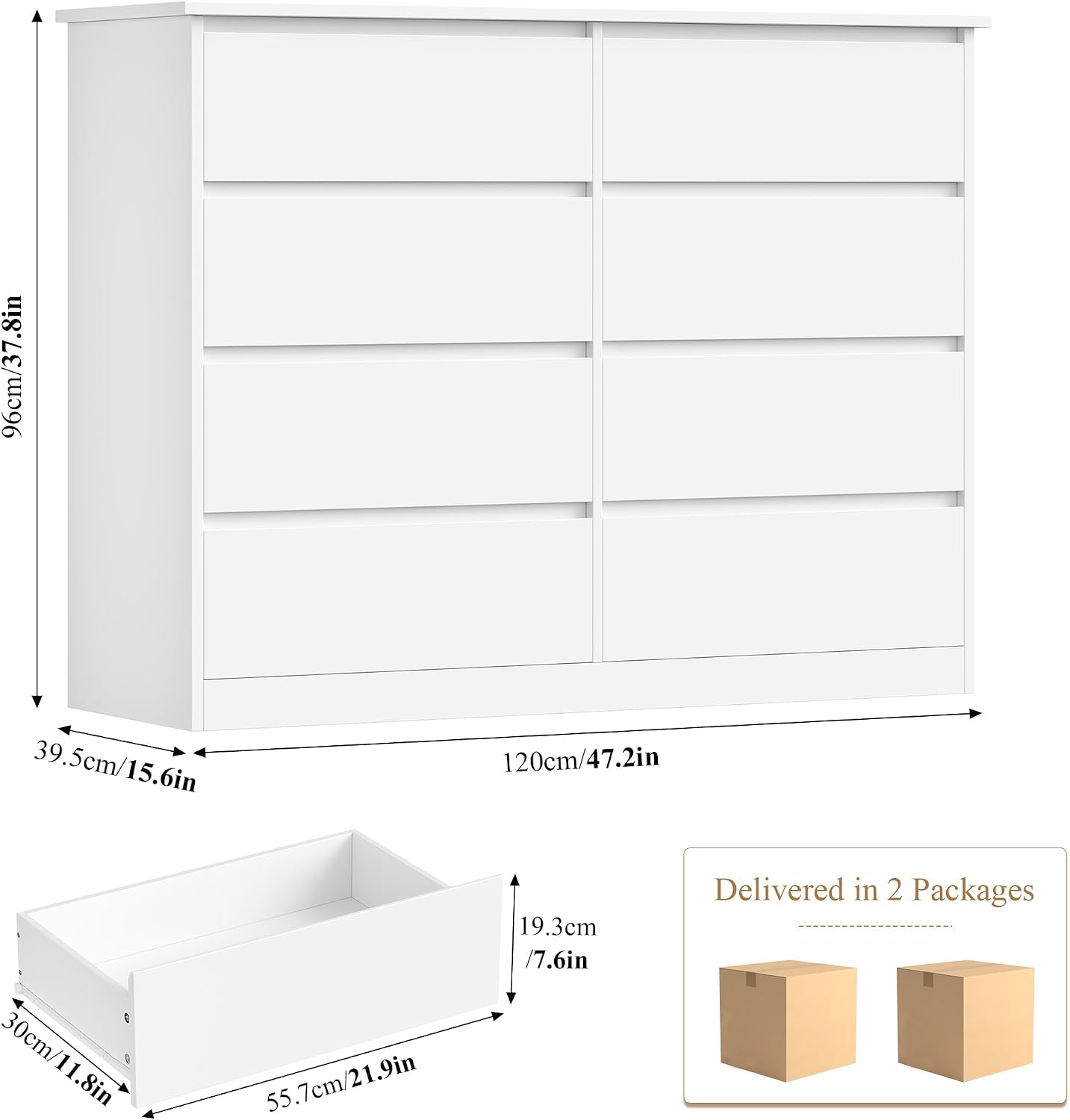 Detalle de FOREHILL P804 Chest of Drawers, 8 Drawers, White, 120 cm