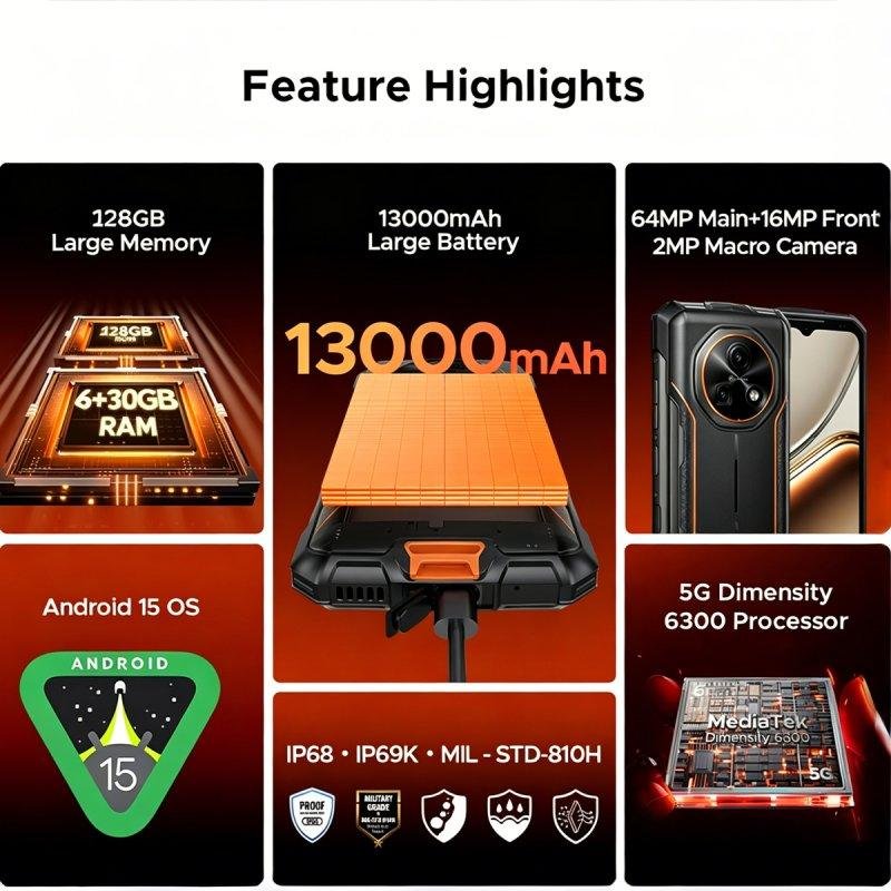Detalle 2 de Doogee Fire 7 5G 6GB 128GB 6.6" Naranja: autonomía para trabajo de campo