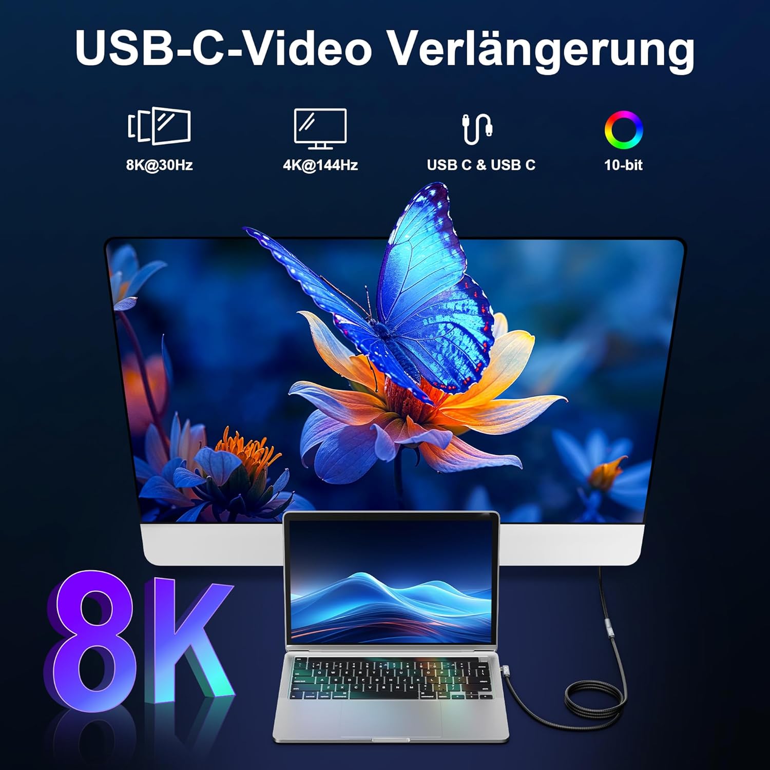 Thumbnail 2 de EUDOBEL 240W USB‑C Verlängerung 0,5 m mit 90° Winkel (USB‑C 3.2 Gen 2×2, bis 20 Gbit/s, 8K@30 Hz)