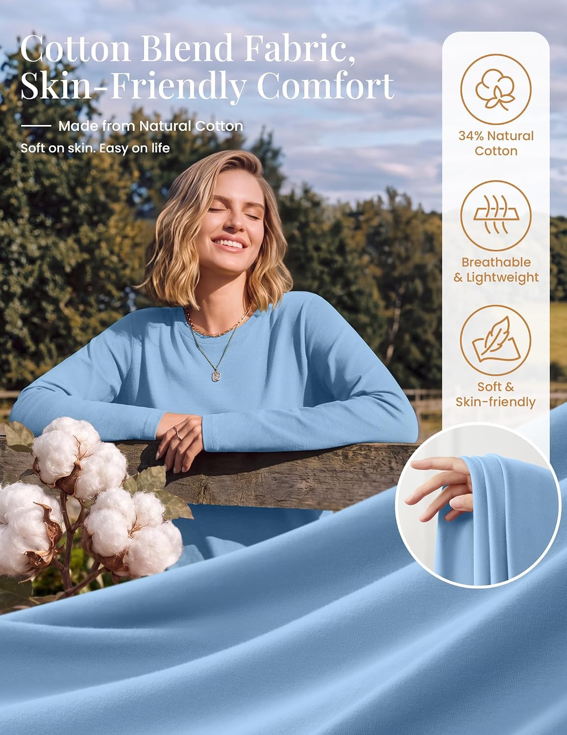 Detalle 2 de Ekouaer Women's Long Sleeve Crew Neck Shirt, Cotton Blend