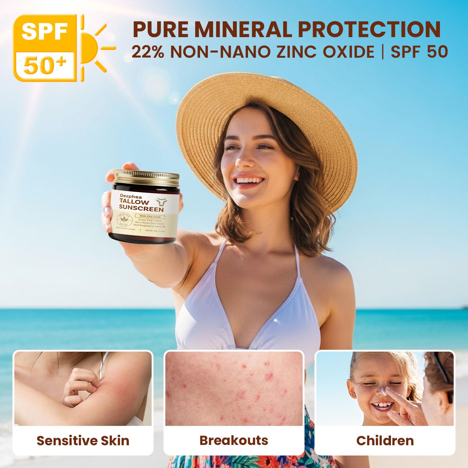 Thumbnail 1 de Derphea Natural Beef Tallow Sunscreen SPF 50 (22% Non-Nano Zinc Oxide) for Sensitive, Acne-Prone, Kid-Safe Skin