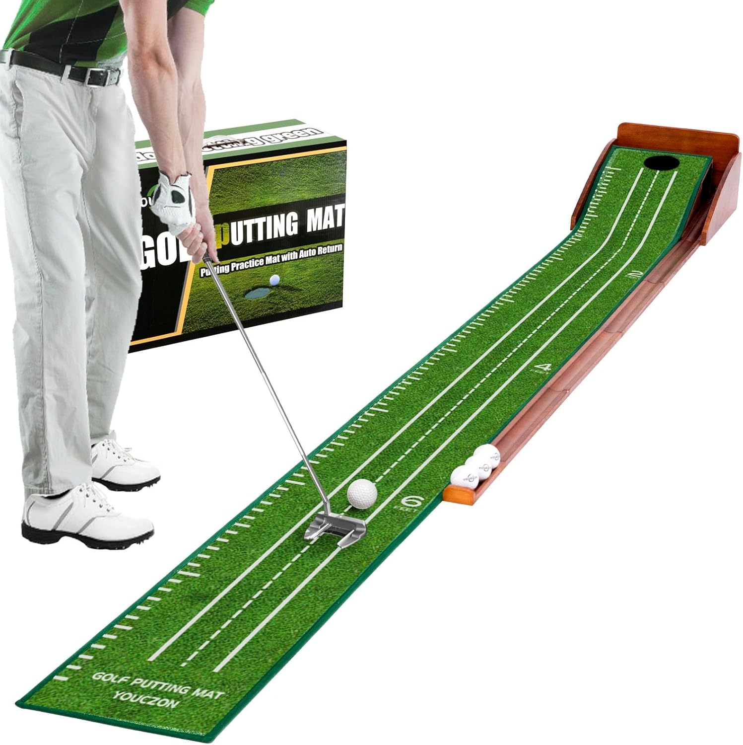 YOUCZON Indoor Putting Green Mat with Auto Ball Return & Solid Wood Base