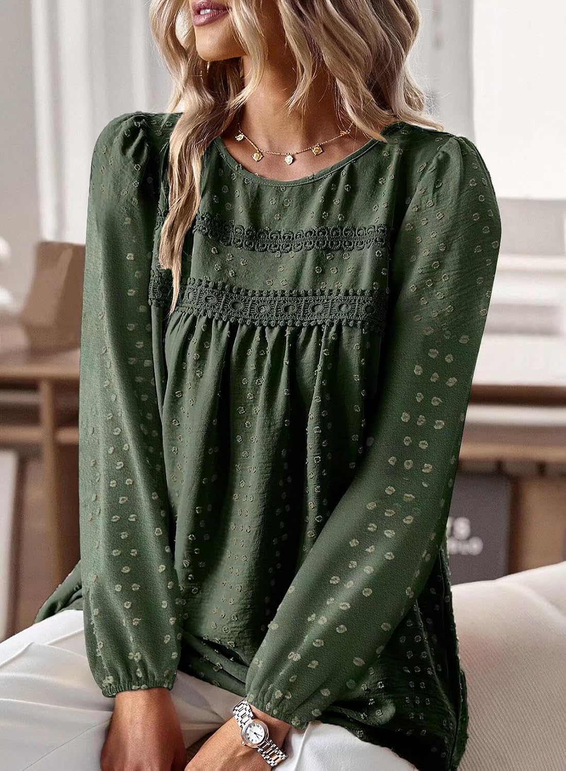 Detalle 2 de Falechay Women's Long-Sleeve Boho Blouse with Crochet Lace and Swiss-Dot Details
