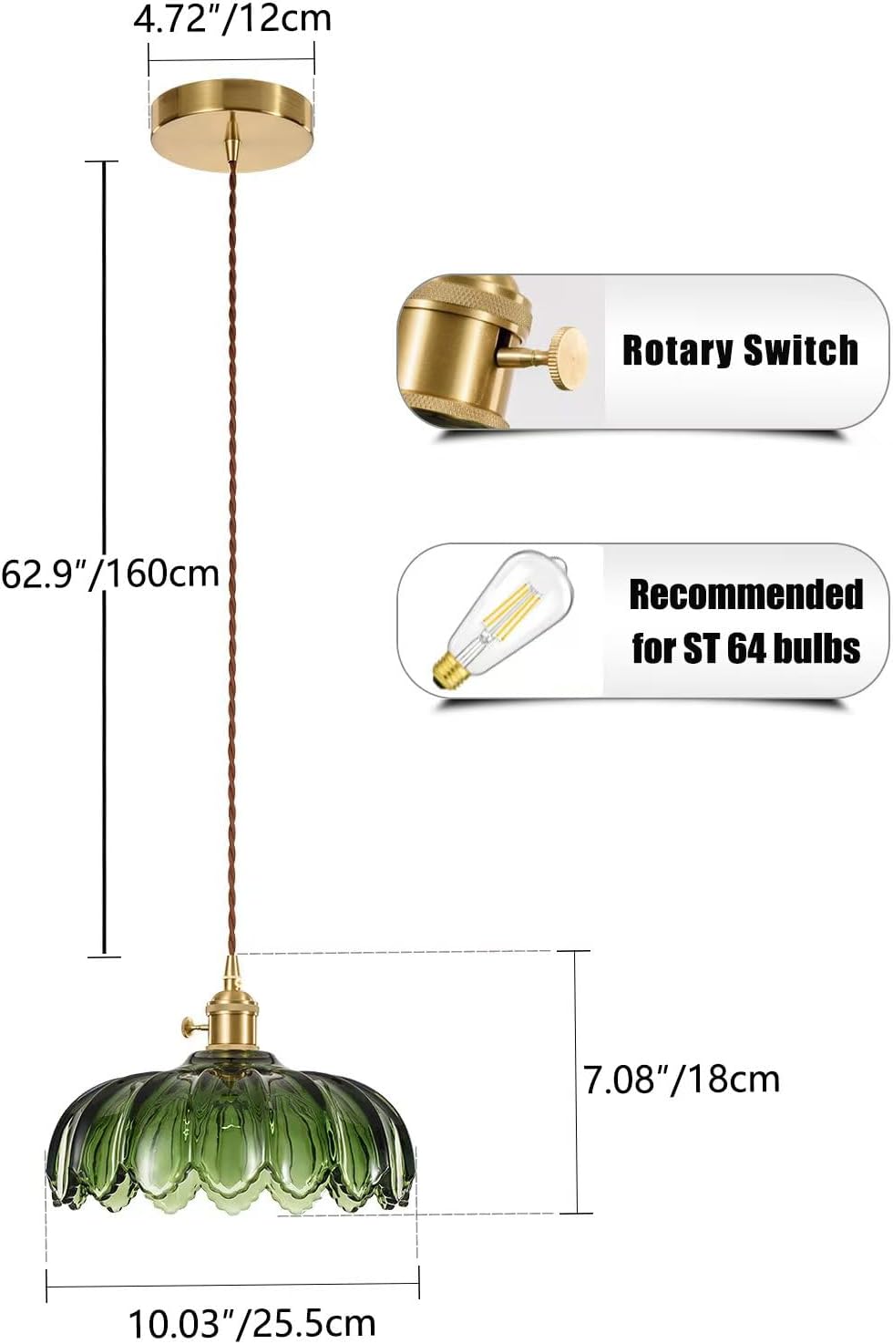 Detalle 2 de XZHGCEE 6202501 Green Glass Pendant Light, Retro Flower Shade, E26