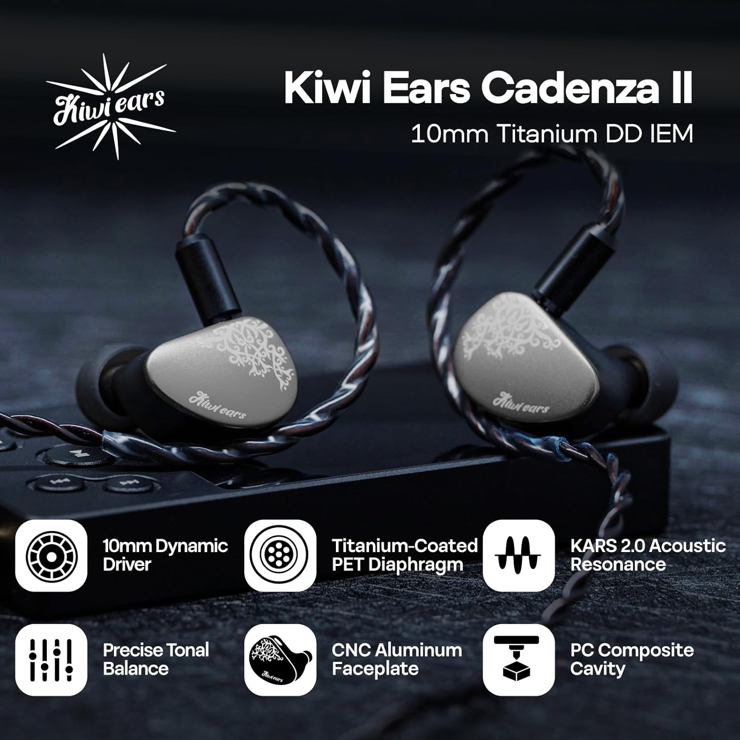 Thumbnail 1 de Linsoul Kiwi Ears Cadenza II 10mm Titanium — Moniteur intra-auriculaire filaire, précision tonal et élégance CNC