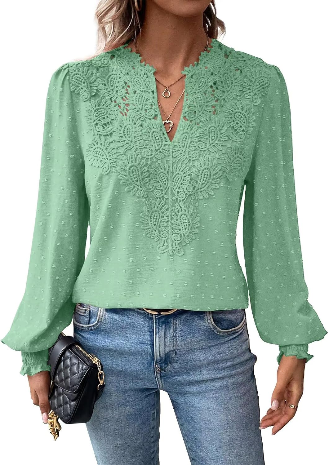 Detalle de Falechay Boho Tops for Women Long-Sleeve V-Neck Blouse with Crochet Details