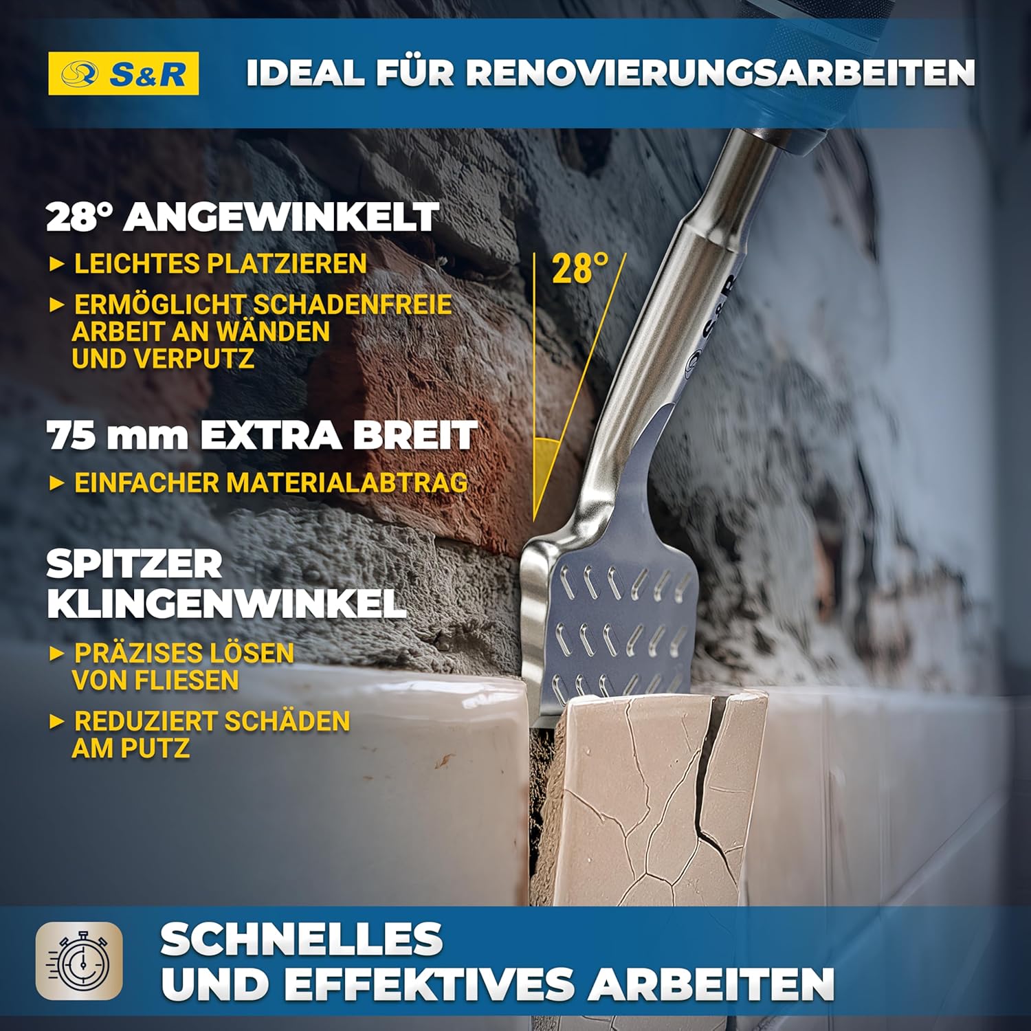 Thumbnail 3 de S&amp,R Hochleistungs Fliesenmeißel SDS Plus – 165 mm x 75 mm, abgewinkelt, Industrie-Qualität