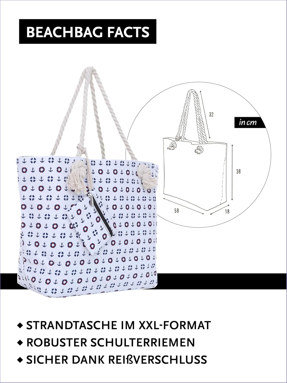 Detalle de DonDon Strandtasche XXL mit Reißverschluss – Umhängetasche/Shopper mit Innenfach und Mini-Tasche