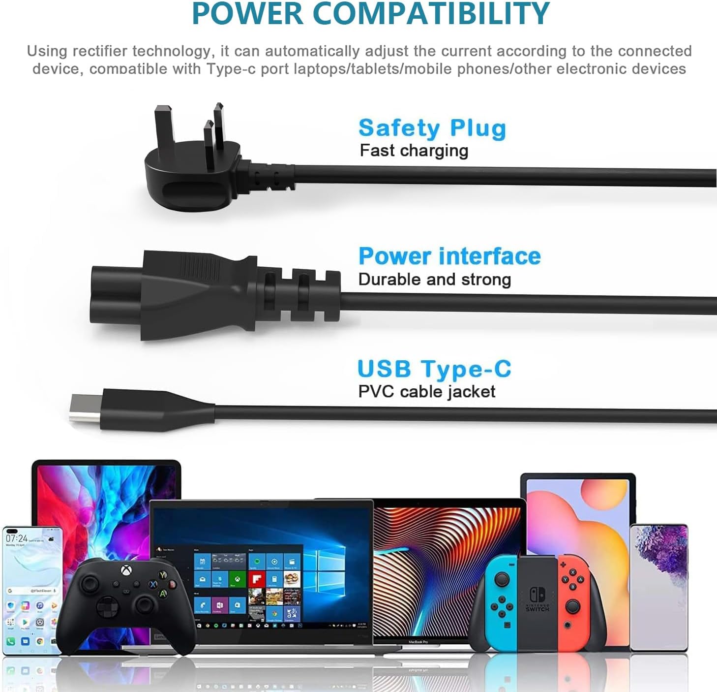 Detalle de Byprlvps Universal 45W Chromebook Charger USB C – UK Compatibility, 5V–20V Fast Charge