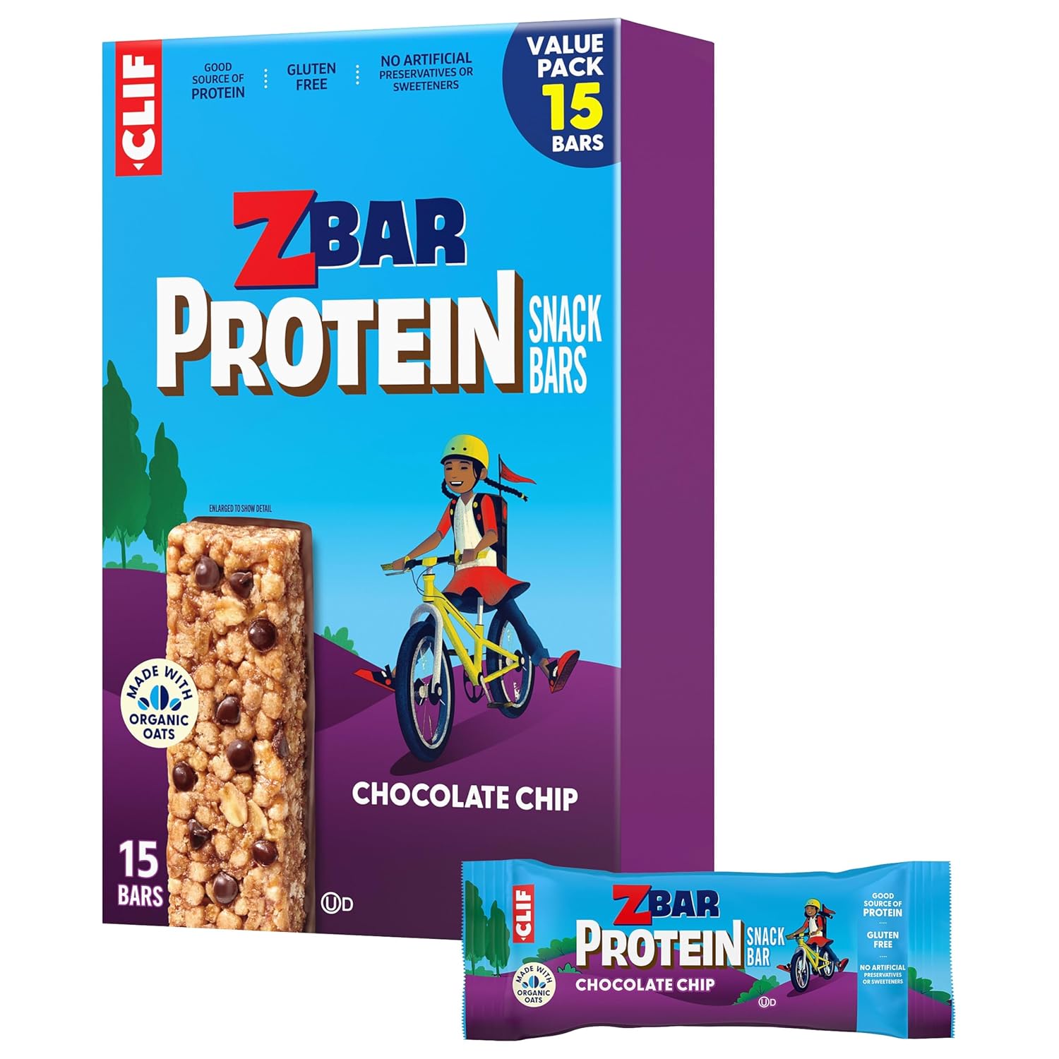 Detalle de CLIF Kid Zbar Protein Chocolate Chip Snack Bars, 5g Protein, Gluten Free, 15 Count