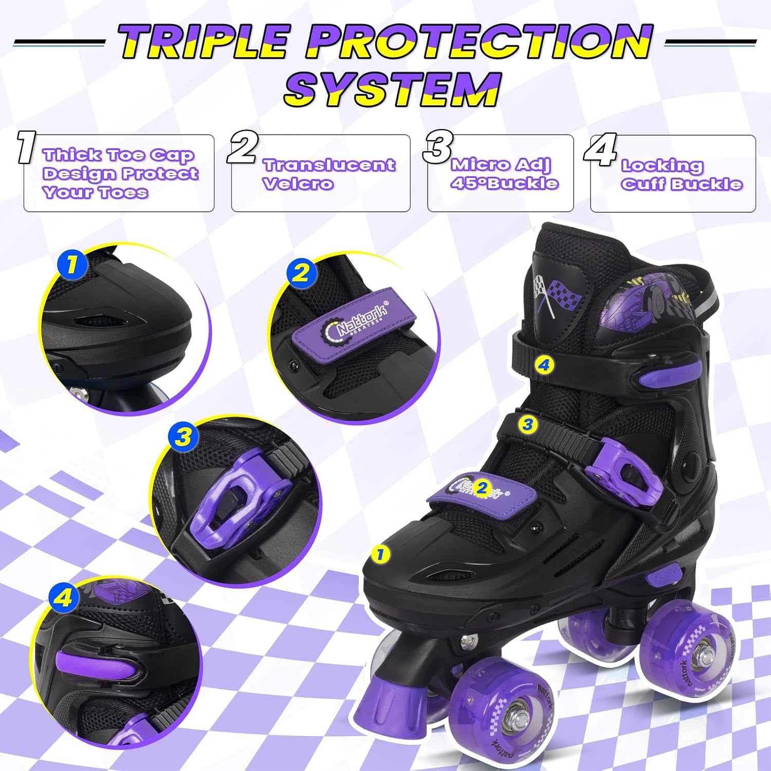 Detalle 2 de Nattork Adjustable Roller Skates for Kids: 4-Size Growth Fit with ABEC-7 Bearings