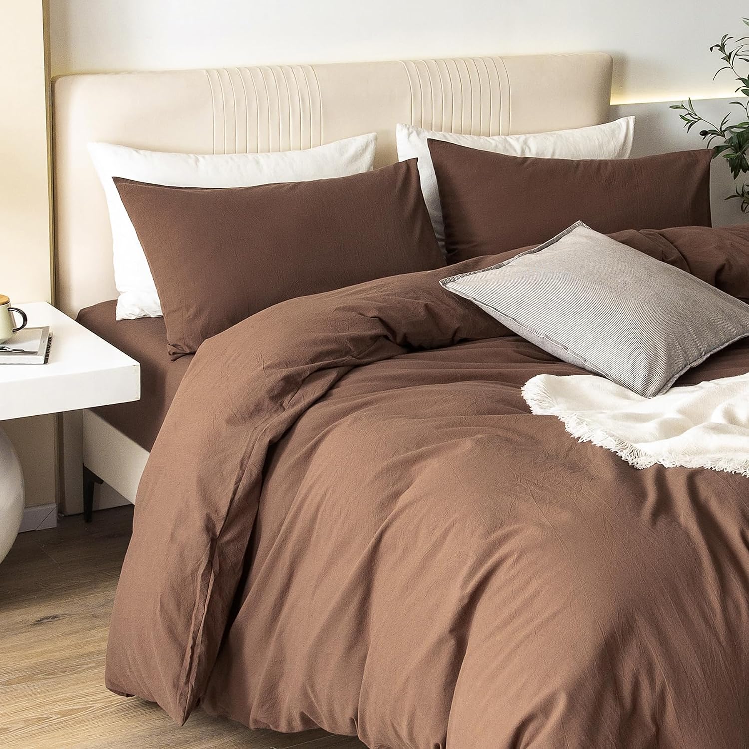 Detalle de JIYUAN Queen Washed Cotton Duvet Cover Set, 3-Piece with Hidden Zipper and 8 Corner Ties