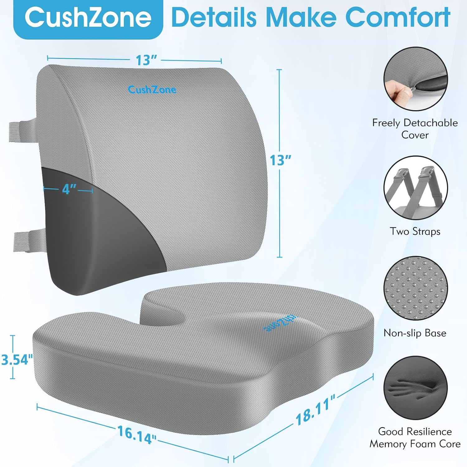 Thumbnail 3 de CushZone Seat Cushion & Lumbar Support Pillow, X-Large Light Gray Memory Foam