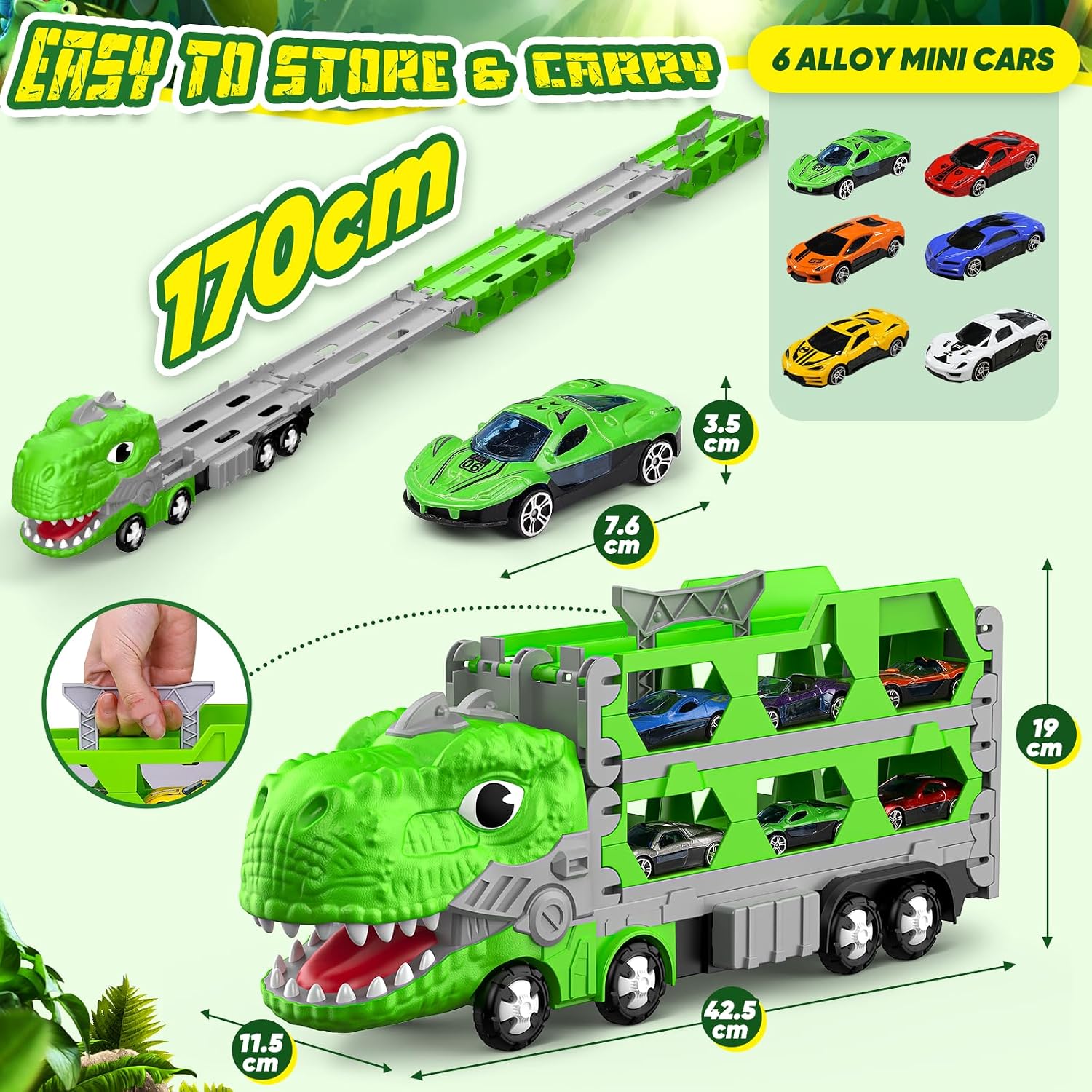 Detalle 2 de Dinosaur Transporter Truck Toy Set with 6 Mini Racing Cars and 1.7m Dino Track (age 3–7)