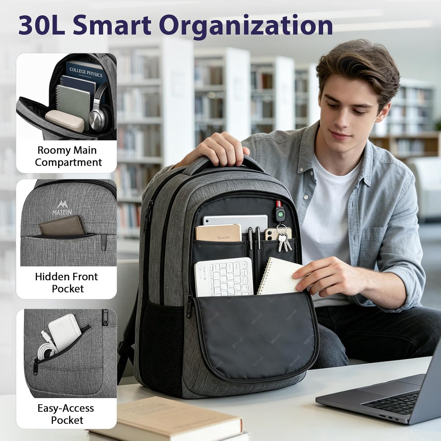 Detalle 2 de MATEIN Zaino Porta PC 17 pollici con porta USB e TSA-friendly grigio