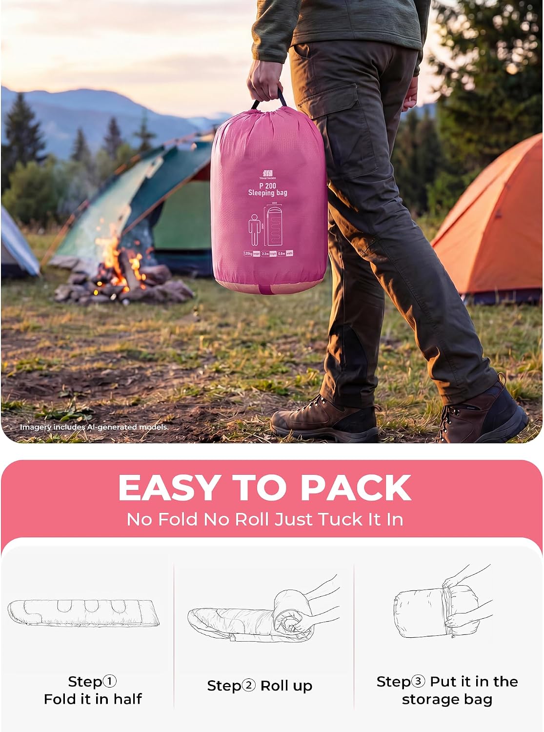 Thumbnail 6 de TANSTRIDER Rectangular Sleeping Bag, 3 lb with Compression Sack, Light Pink