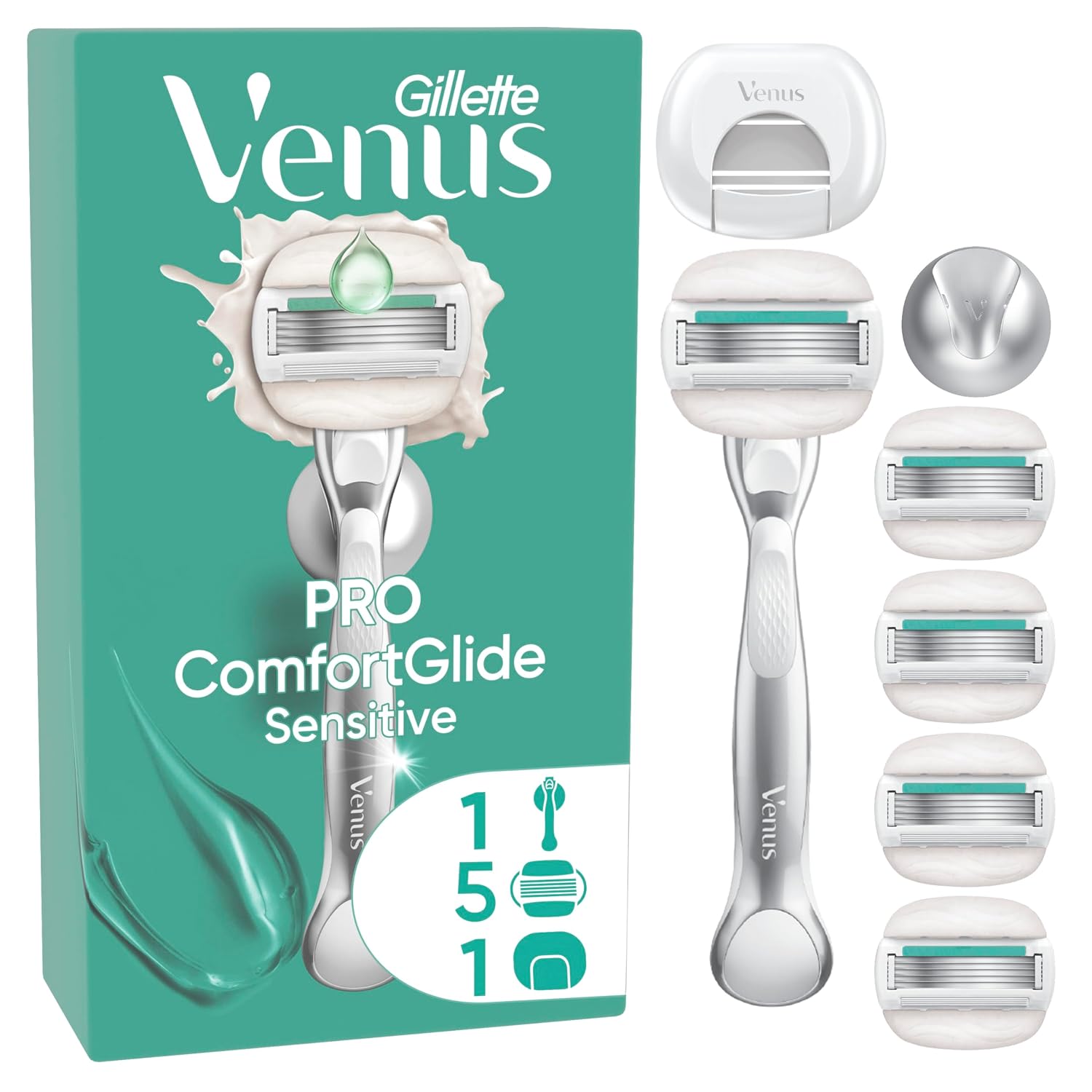 Detalle de Gillette Venus Pro ComfortGlide Sensitive Rasierer Damen – Inkl. 1 Nassrasierer, 5 Ersatzklingen mit Aloe Vera