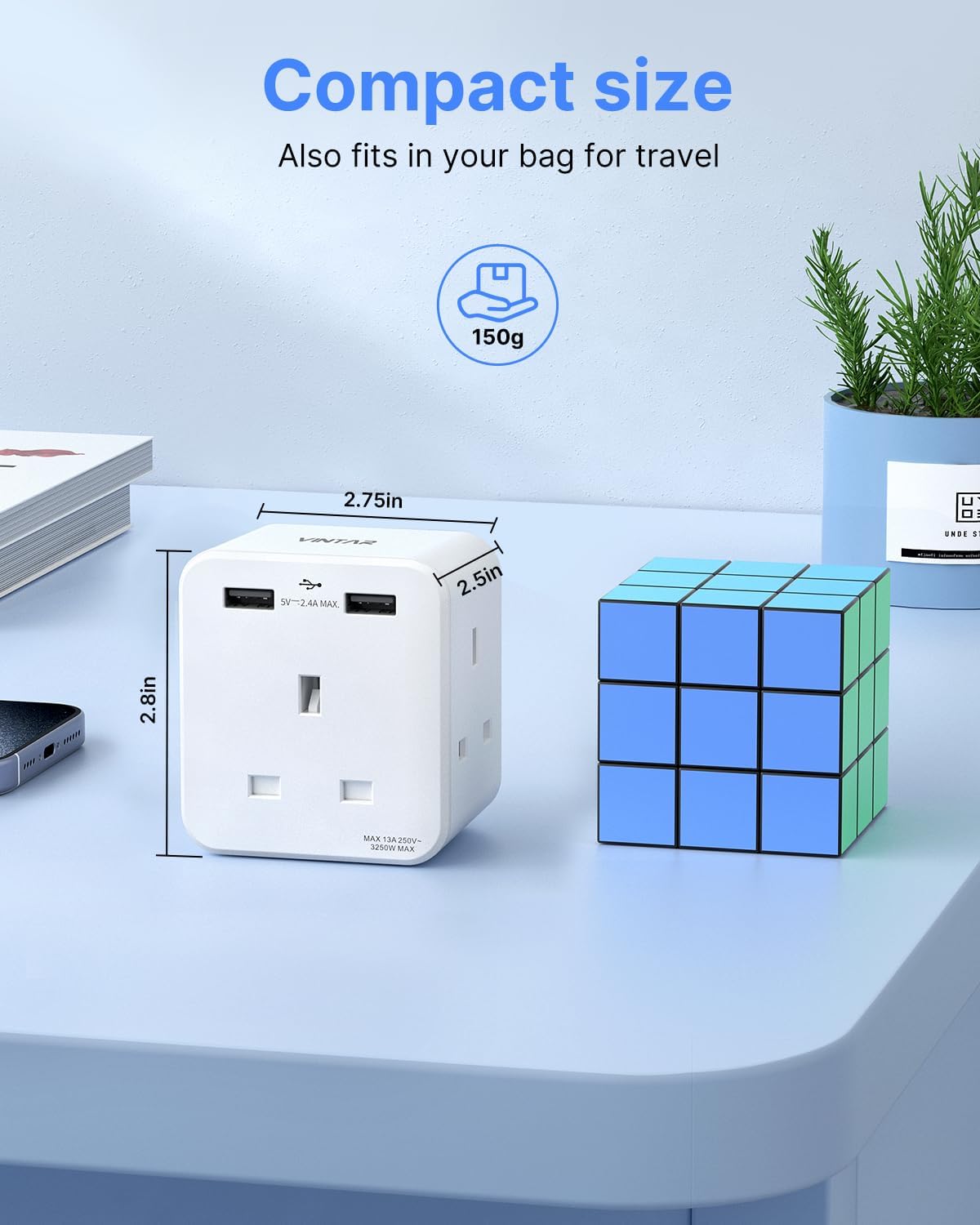 Thumbnail 4 de VINTAR Plug Adaptor with 2 USB and 3-way UK 13A socket extension (White)