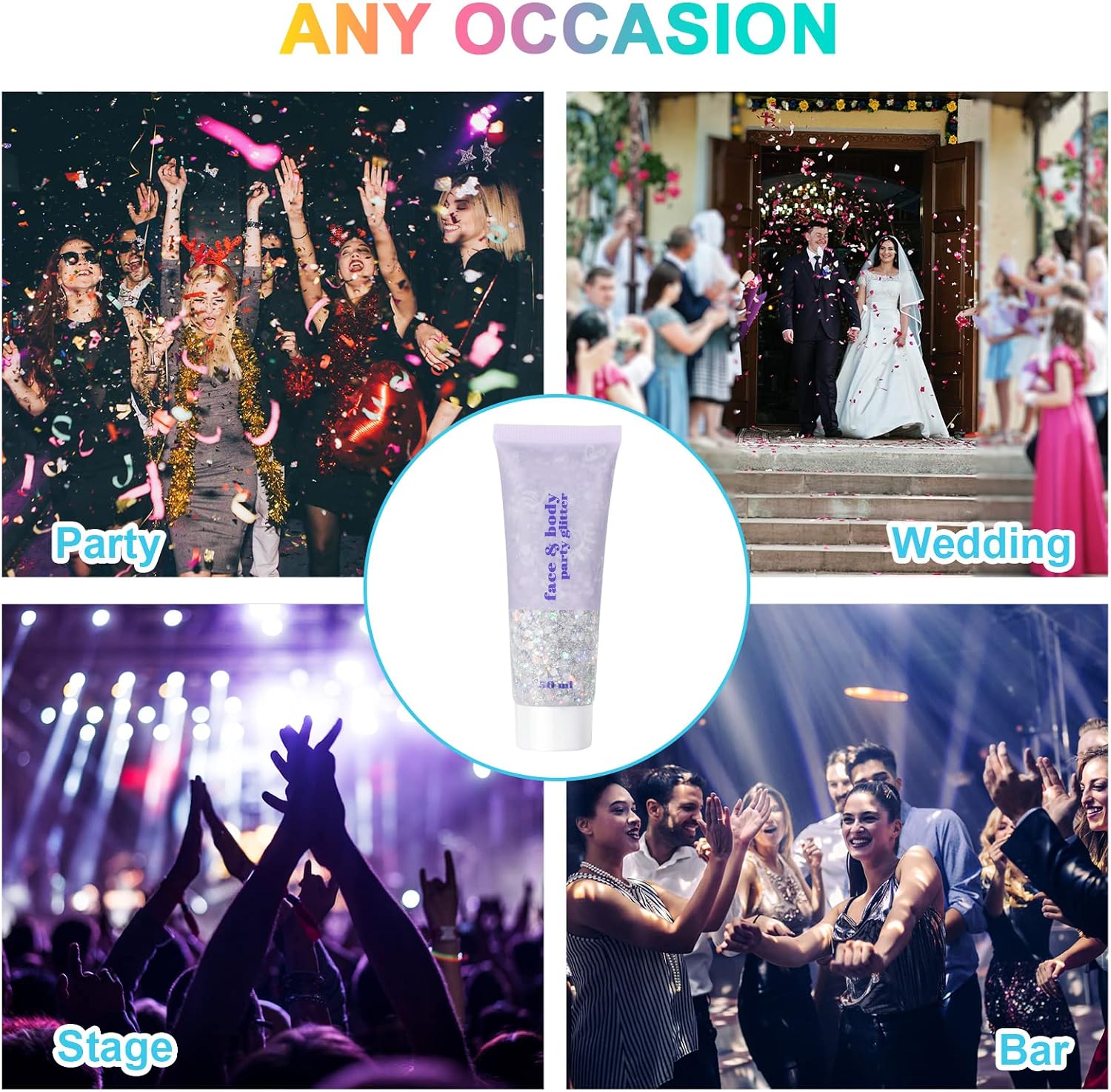 Detalle de URAQT Glitter Corpo, set da 3 gel glitter 50 ml (Bianco+Argento+Oro) per viso, unghie, occhi, labbra e corpo