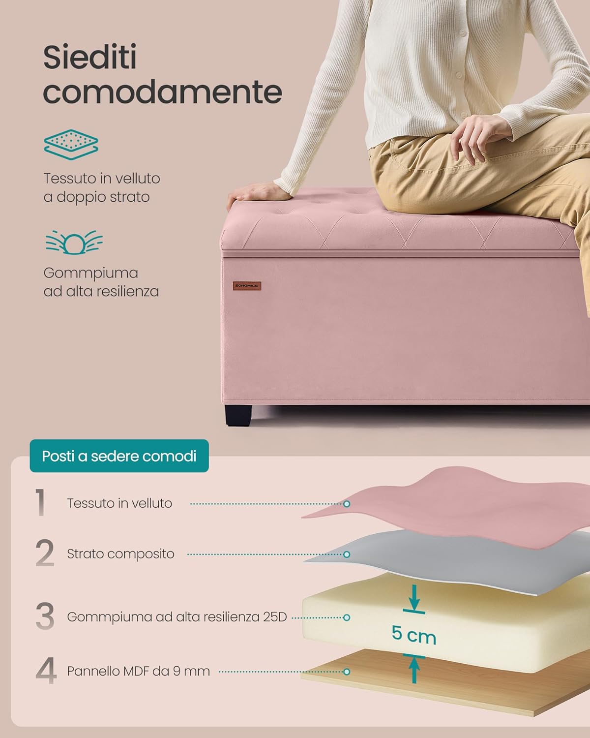 Thumbnail 4 de SONGMICS cassapanca pouf contenitore con poggiapiedi 40 x 110 x 39 cm rosa pastello LSF089R01