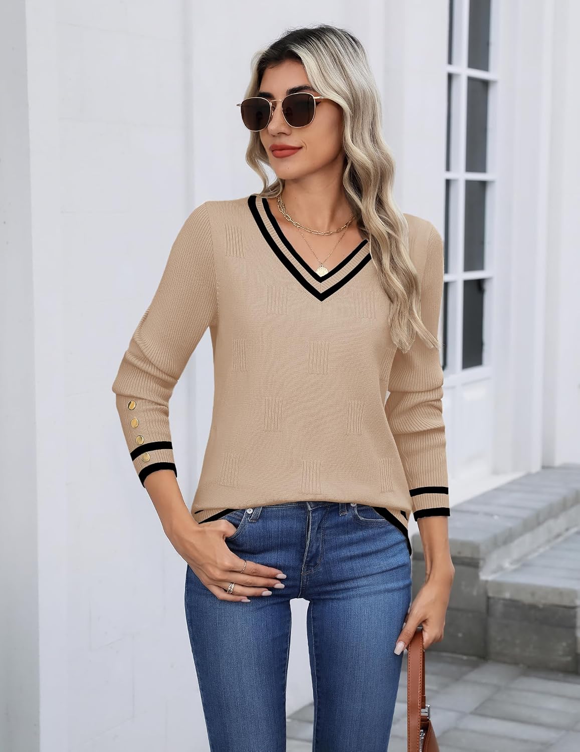 Detalle de Zeagoo V Neck Ribbed Knit Sweater Tops