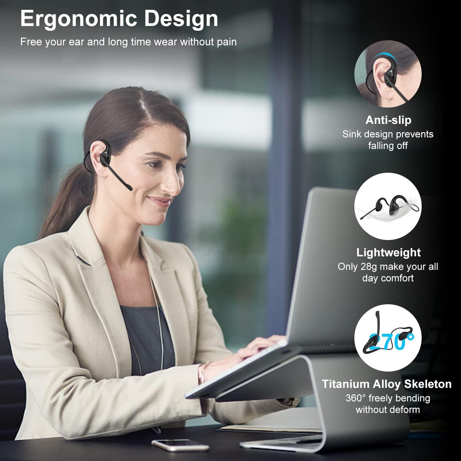 Detalle 2 de iDIGMALL Bluetooth 5.3 Open-Ear Headset with Microphone (270° mic) – lightweight wireless for phone, PC and laptop