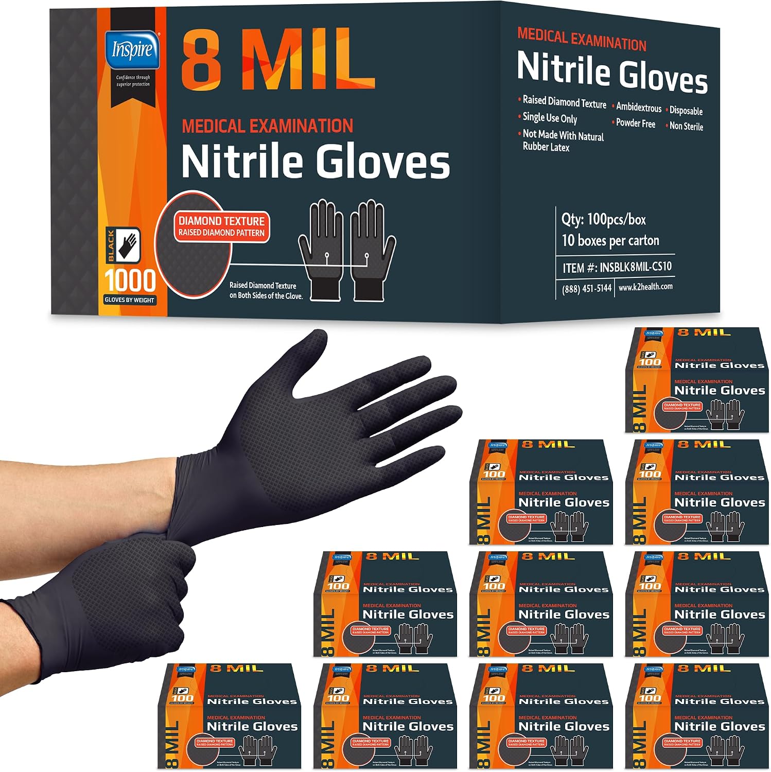 Detalle de Inspire Heavy Duty Stretch Nitrile Gloves, Black, Latex-Free, Touchscreen-Friendly