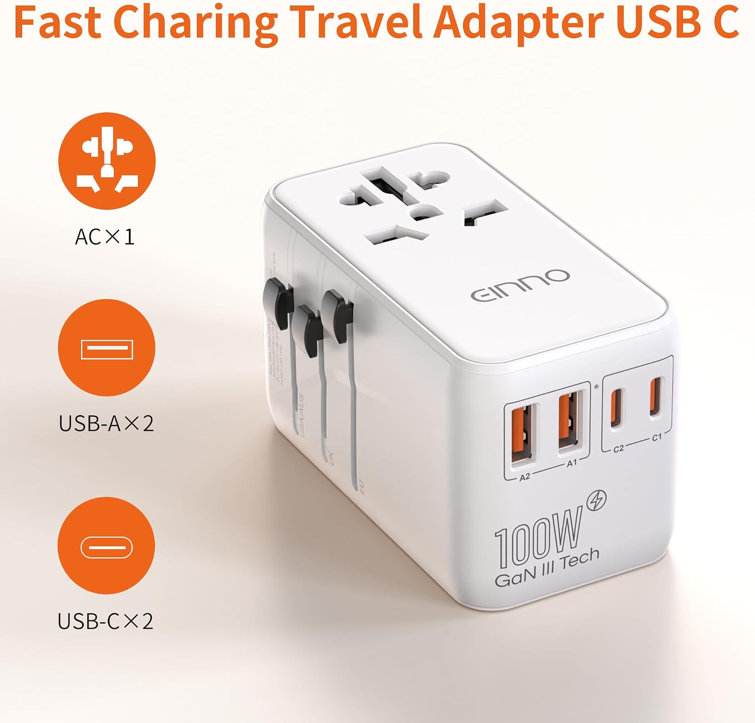 Detalle 2 de EINNO International Travel Adapter 100W with USB-C and USB-A 🔌