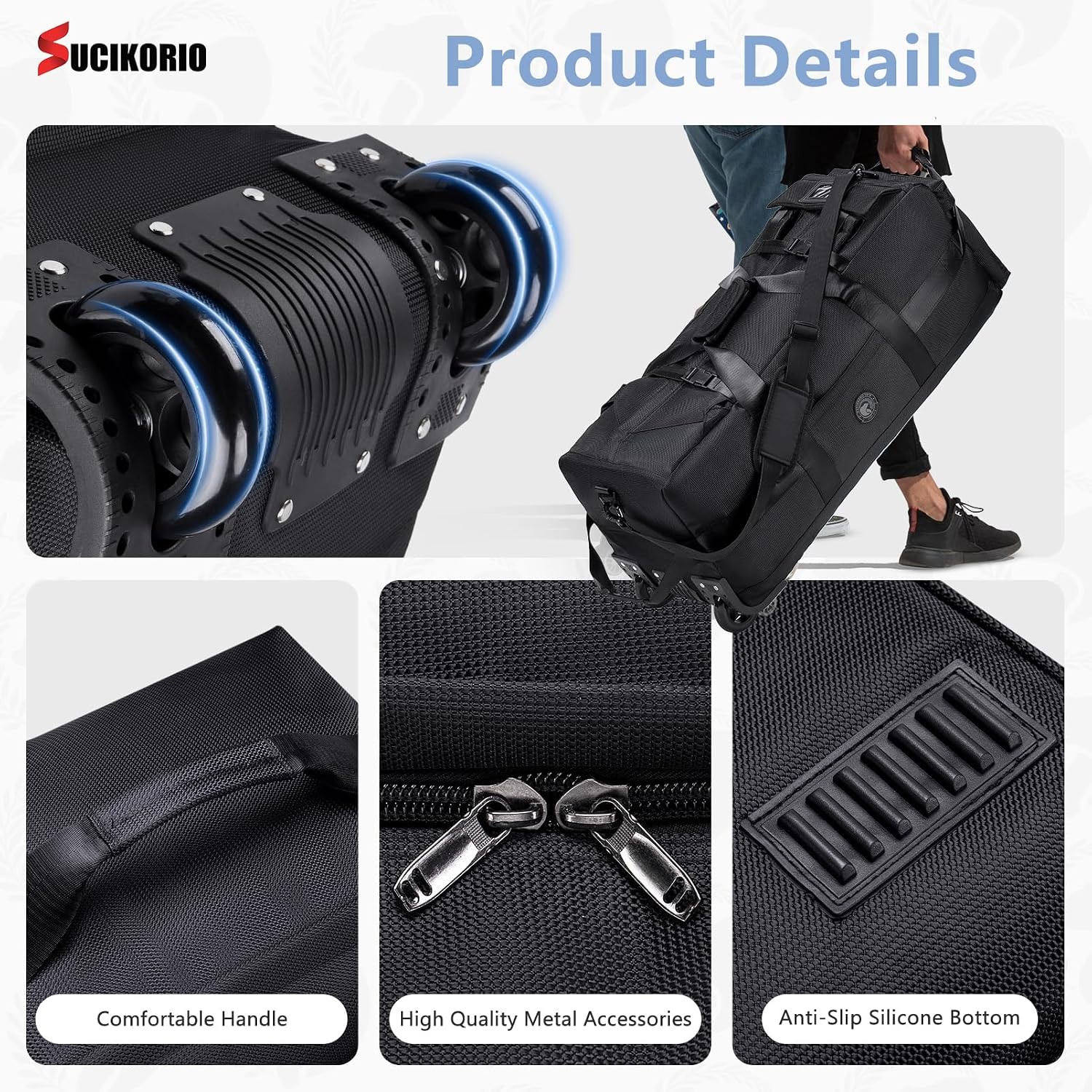 Detalle 2 de SUCIKORIO Sac de voyage à roulettes 85L 3 en 1 (cabine avion) avec organisateur
