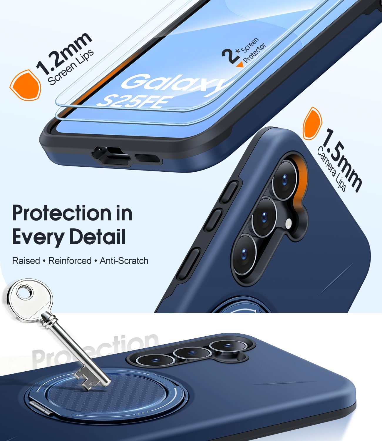 Thumbnail 3 de JAME for Samsung Galaxy S25 FE Case with 360° Ring Stand + Screen Protectors (2-Pack), Dual-Layer Shockproof Cover, Blue