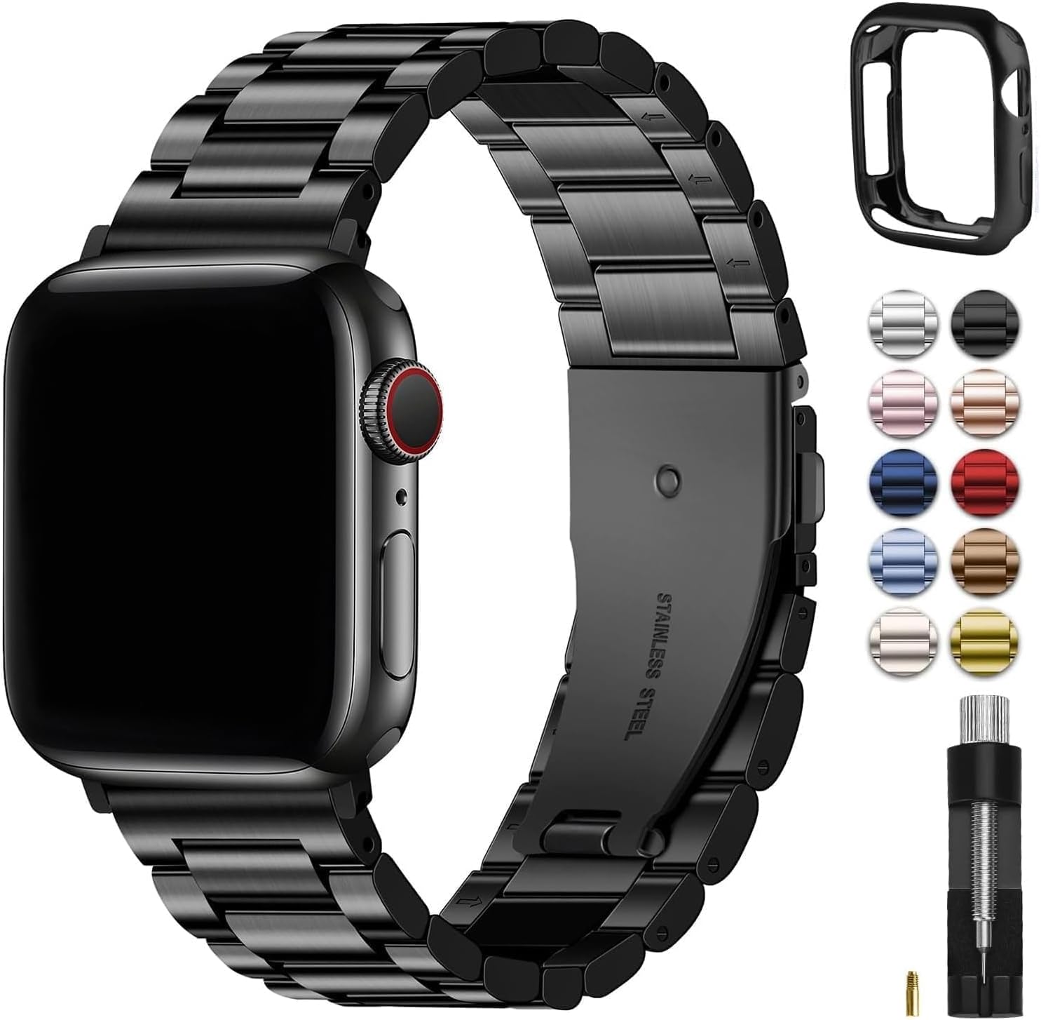Detalle de Fullmosa cinturino in acciaio inox per Apple Watch 40/41/42/44/45/46/49 mm, nero – compatibile con Ultra/SE/Serie
