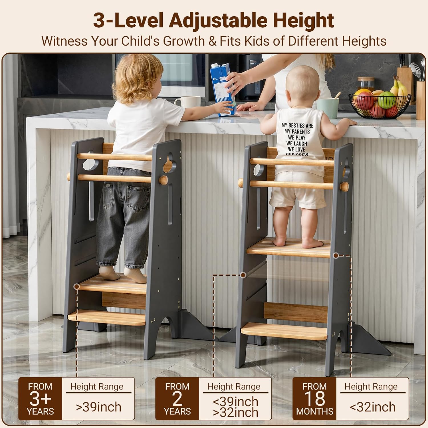 Detalle de COSYLAND CS000132-3-CA Toddler Kitchen Tower, 3-Level Adjustable, Natural & Grey