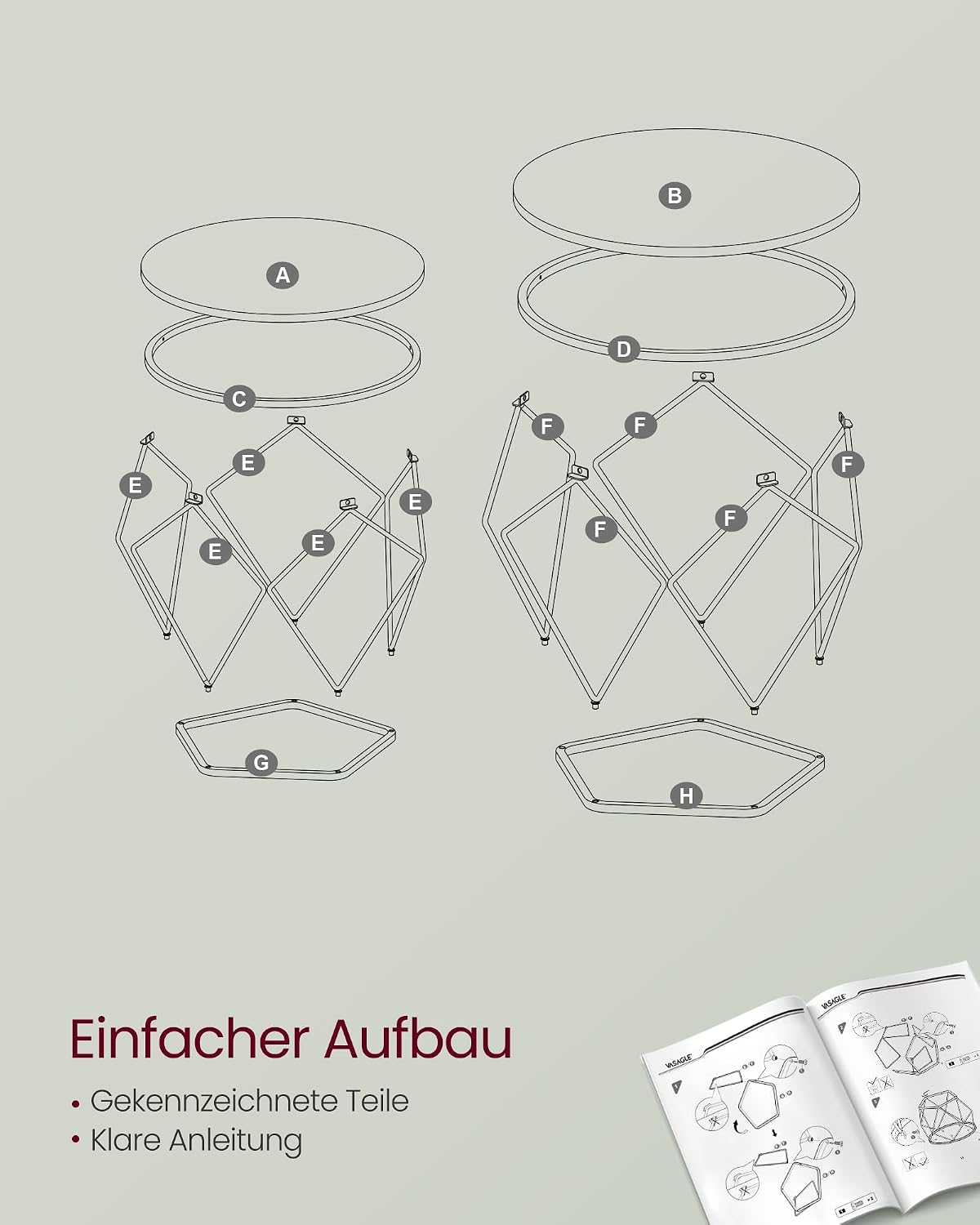 Thumbnail 6 de VASAGLE Couchtisch rund im 2er-Set (schneeweiß-wolkenweiß) LET040W46 – modern mit abnehmbarer Tischplatte