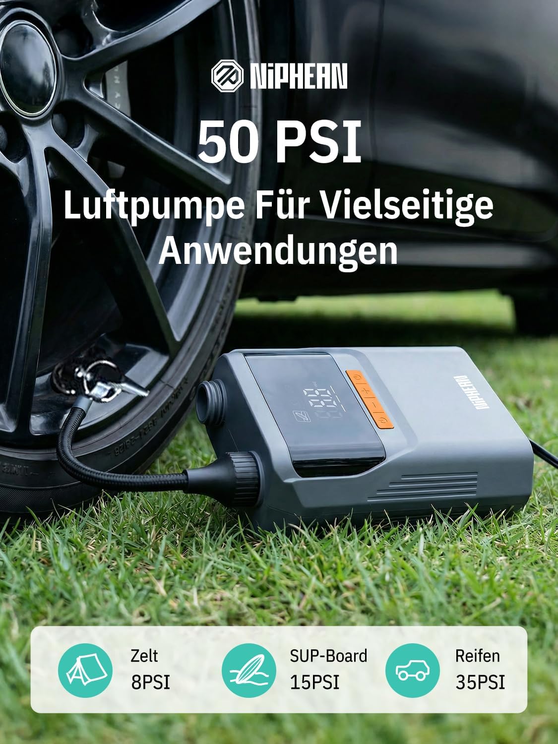 Detalle de Niphean Elektrische Luftpumpe Akku – 50 PSI, vielseitig einsetzbar für Reifen, SUPs, Zelte und mehr