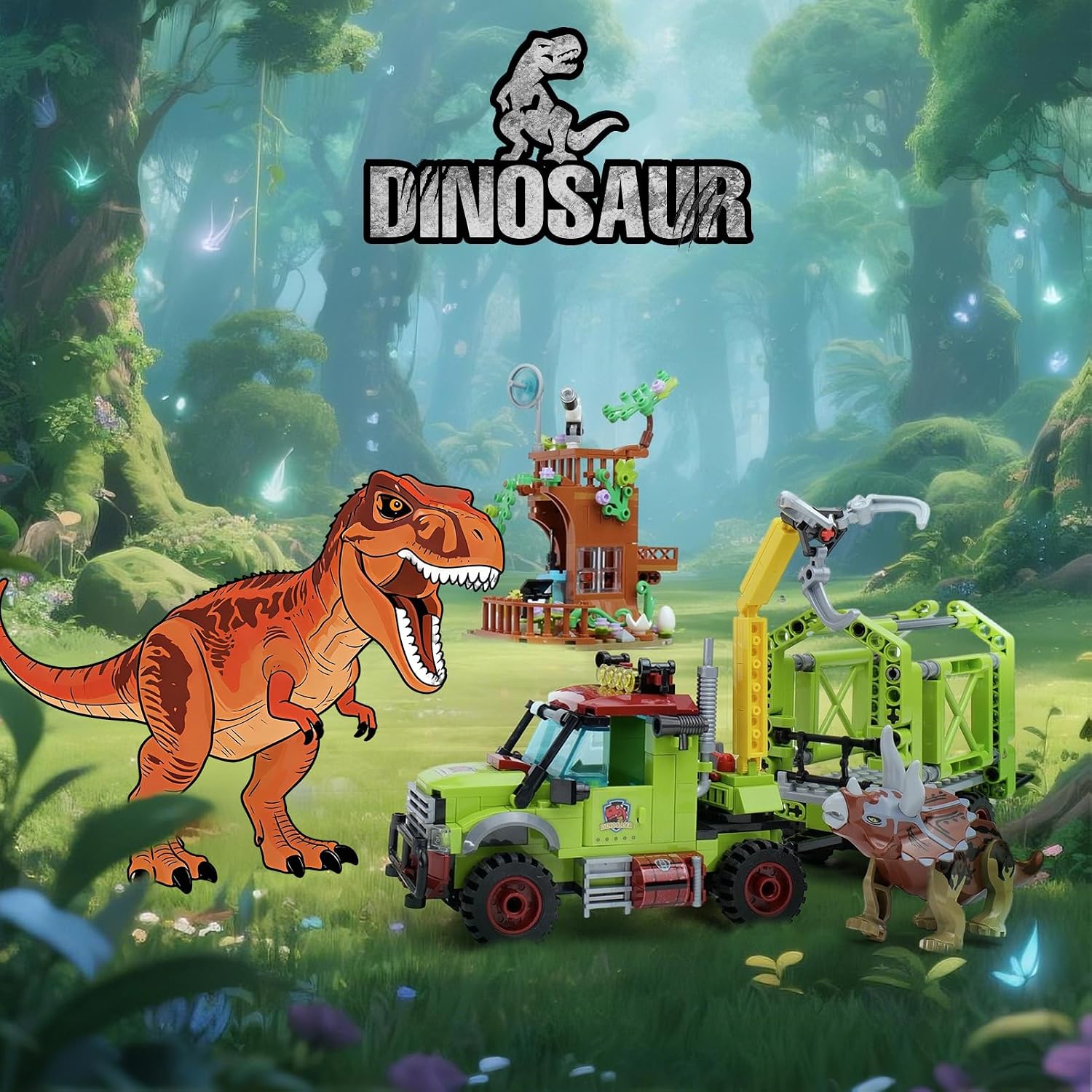 Detalle de Jurassic Dinosaur Ideas Building Set – 517-piece STEM Construction with T-Rex, Triceratops, and Jungle Observatory